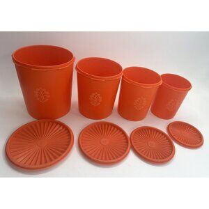 Vintage Tupperware Harvest Orange Servalier Canisters Set Of 4 w/ Sunburst Lids